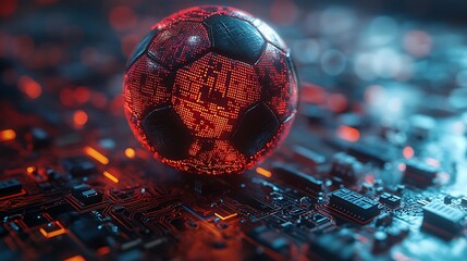 Glowing Futuristic Soccer Ball on Circuit Board with Red Digital Lights football photo