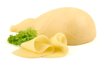 Caciocavallo cheese with lettuce and slices, isolated on white background