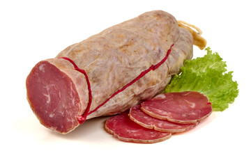 Saucisson sec sausage with lettuce, isolated on white background