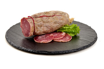 Saucisson sec sausage with lettuce, isolated on white background
