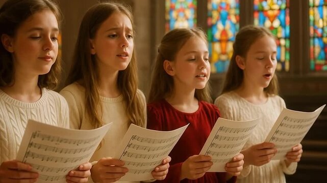 Four young girls singing in a church choir. Children's vocal group performing with sheet music in front of a stained-glass window. Religious music and youth education concept