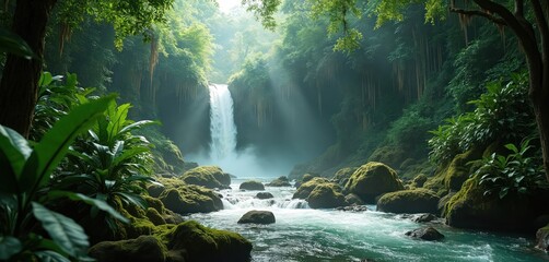 Misty jungle surrounds a flowing waterfall and rocky river. Lush green plants and mossy boulders create a serene natural landscape. Sunbeams pierce the dense canopy, illuminating the water cascade.