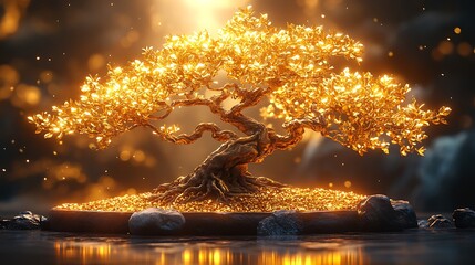 Golden bonsai tree with glowing leaves and shimmering light particles image photo
