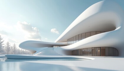 Futuristic white building with smooth, curved lines and large glass windows. Modern, minimalist architectural design set against a bright blue sky with soft clouds and snow-covered trees nearby.
