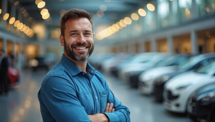 Smiling car salesman poses at dealership. Man stands in showroom with cars. Happy seller in blue shirt offers vehicle sales service. Male worker provides customer support for car purchase.
