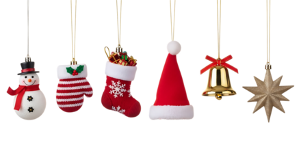 Collection of festive christmas ornaments hanging against a dark background