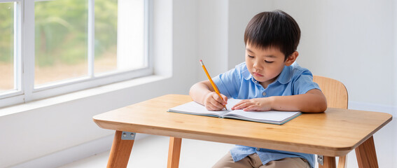A realistic stock photo of a young child sitting at a wooden desk writing in a notebook with a pencil