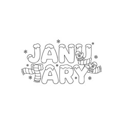 January coloring page vector. Winter text illustration with snow, scarf and mittens. Black and white outline word for kids activity book.