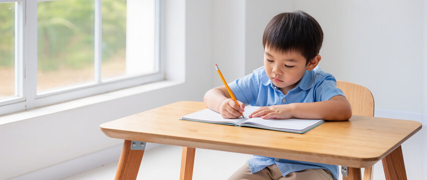 A realistic stock photo of a young child sitting at a wooden desk writing in a notebook with a pencil - Powered by Adobe