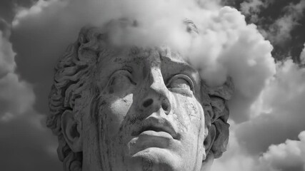 Classical marble sculpture head, surrounded by ethereal clouds, representing profound introspection, timeless wisdom, and abstract philosophy in a monochrome sky.