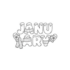 January coloring page vector. Winter text illustration with snow, scarf and mittens. Black and white outline word for kids activity book.