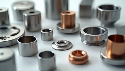 Close up photo of shiny metallic parts on white surface. Assorted steel components are in focus. Industrial objects are in composition for engineering or tech visuals.