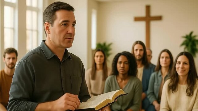A male pastor preaching a sermon to a congregation in church. A preacher holding a bible speaks to a diverse group of people listening attentively. Religion and community worship concept
