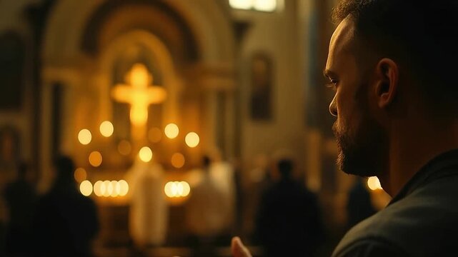 A devout man with hands open in prayer inside a church. Close-up profile with a glowing cross and candles in the background. Faith and spirituality concept