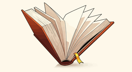 Illustration of an open, thick, antique book with fanned pages and a bookmark