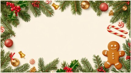 Christmas holiday border framing copy space with festive decorations and a gingerbread man