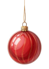 Merry Christmas red ornament ball png, glossy finish, golden wavy lines, and star-like sparkles. Hanging festive decoration png, Merry Chrismas home decor transparent background.