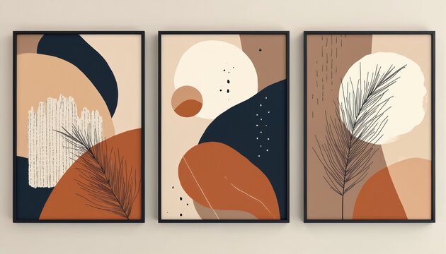 Triptych abstract wall art set. Mid century modern style with organic shapes and earthy tones. Minimalist botanical line drawings and textured elements decorate each framed piece.