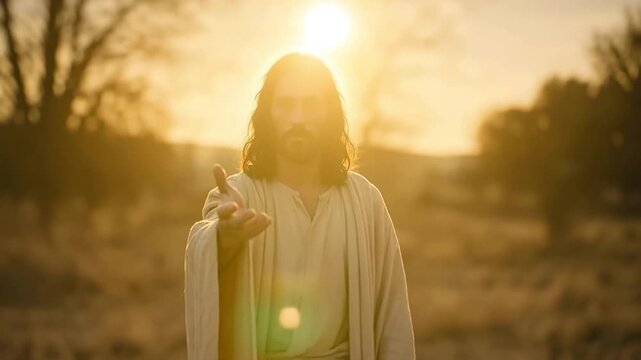 Jesus Christ extends his hand in an inviting gesture of salvation. A cinematic portrait of the savior with a halo at sunset. Faith, hope, and christianity concept