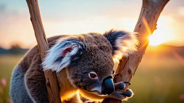 Koala clinging to a tree branch with a sunset background in a scenic outdoor environment scene koala video