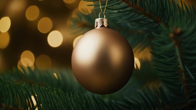 Close-up of a golden Christmas ornament hanging on a pine tree branch with bokeh lights.