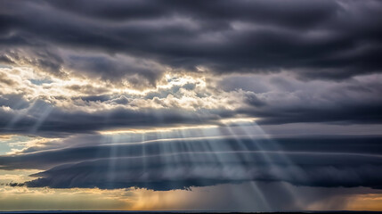 Dramatic sun rays breaking through dark storm clouds over horizon