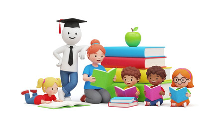 Figurines of teacher and students reading books