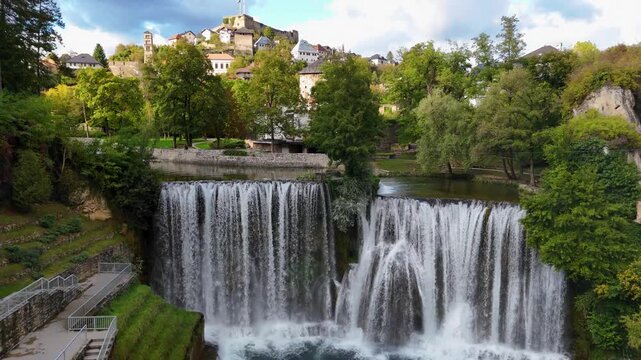 Jajce Waterfalls and Fortress at sunset. In Bosnia And Herzegovina, taken with my drone.