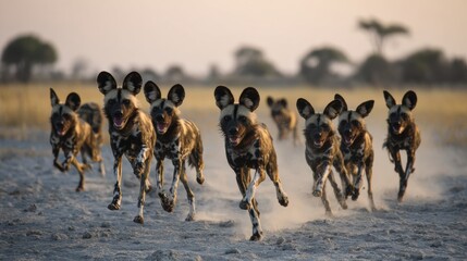 African Wild Dogs Run Together in Harmony Showing Community Power and Strength During a Vibrant Sunset in a Natural Habitat