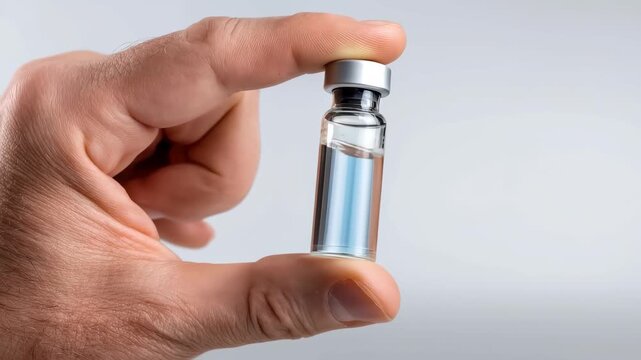 Male hand holding a small medical vial containing liquid in a clinical setting, symbolizing healthcare and pharmaceutical preparation