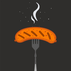 Grilled Sausage on Fork Flat Vector Illustration. Delicious grilled sausage on a fork with steam. Flat design vector illustration of hot BBQ meat snack on a dark background. Perfect for food menus.