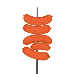 Grilled Sausages on Skewer Stick Vector Illustration.Vector illustration of grilled sausages on a skewer. Flat design style BBQ meat snack isolated on white background. Ideal for street food concepts.