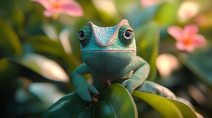 Front view of a curious green chameleon with large eyes on a leaf reptile lizard photo