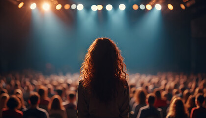 Back view of a woman with long curly hair addressing a large audience in a conference hall. Spotlights illuminate the stage and illuminate the speaker during her presentation in front of many people.