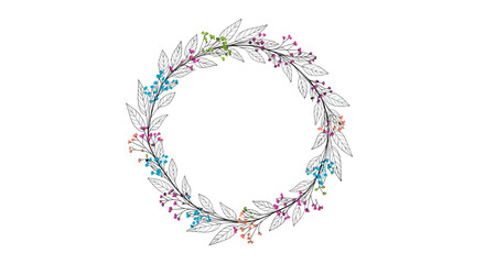 Fototapeta premium Delicate and artistic circular wreath made of finely sketched black and white leaves, accented with small, colorful watercolor-style berries for a modern look.