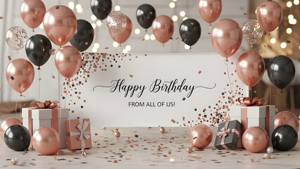 Elegant rose gold and black balloon birthday celebration with gifts and confetti