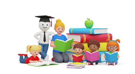 Figurines of teacher, graduate, and children reading books
