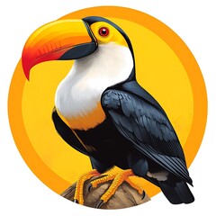Obraz premium Full body illustration of a toucan perched on a branch with a yellow photo background bird