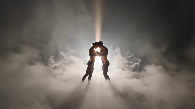 Silhouettes of a man and woman drift through smoke, souls glowing within, approaching in dance, embracing briefly, then separating in an endless cycle. Seamless loop.