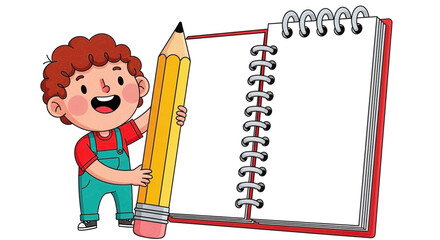Happy child with curly hair holding a giant yellow pencil next to a notebook