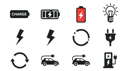 Essential collection of modern electric vehicle charging and battery power icons for sustainable technology projects