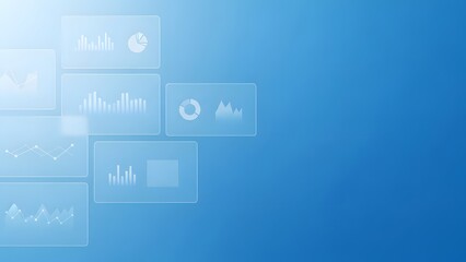 Blue digital background showcasing data visualization. Translucent charts and graphs represent business intelligence, information analysis, and technological insights