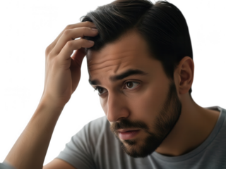 Man touching hair, looking down with thoughtful, concerned expression isolated on transparent background