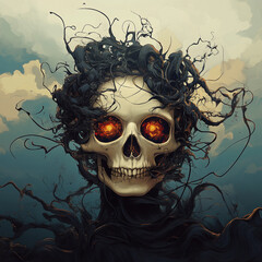 A skull with blazing eyes surrounded by chaotic black tendrils, capturing the struggle between inner fire and consuming darkness.