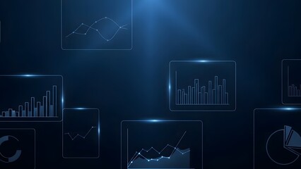 Abstract technology background featuring a digital interface with glowing charts and graphs for data analysis and business intelligence