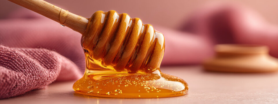 Close-up of wooden honey dipper drizzling golden honey on a pink surface.