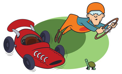 Funny excited driver in fast race.