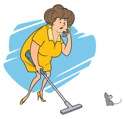 Scared woman shocked by tiny mouse.