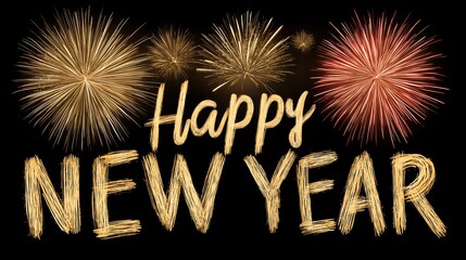 Fireworks spelling Happy New Year explode in the night sky, with golden text centered against a festive black background.