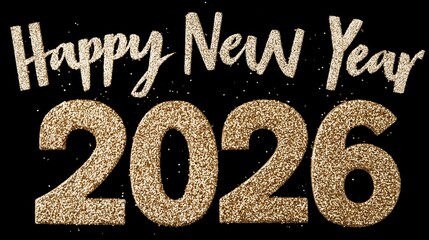 Glittering golden numbers spelling Happy New Year 2026 on a simple and festive black background.